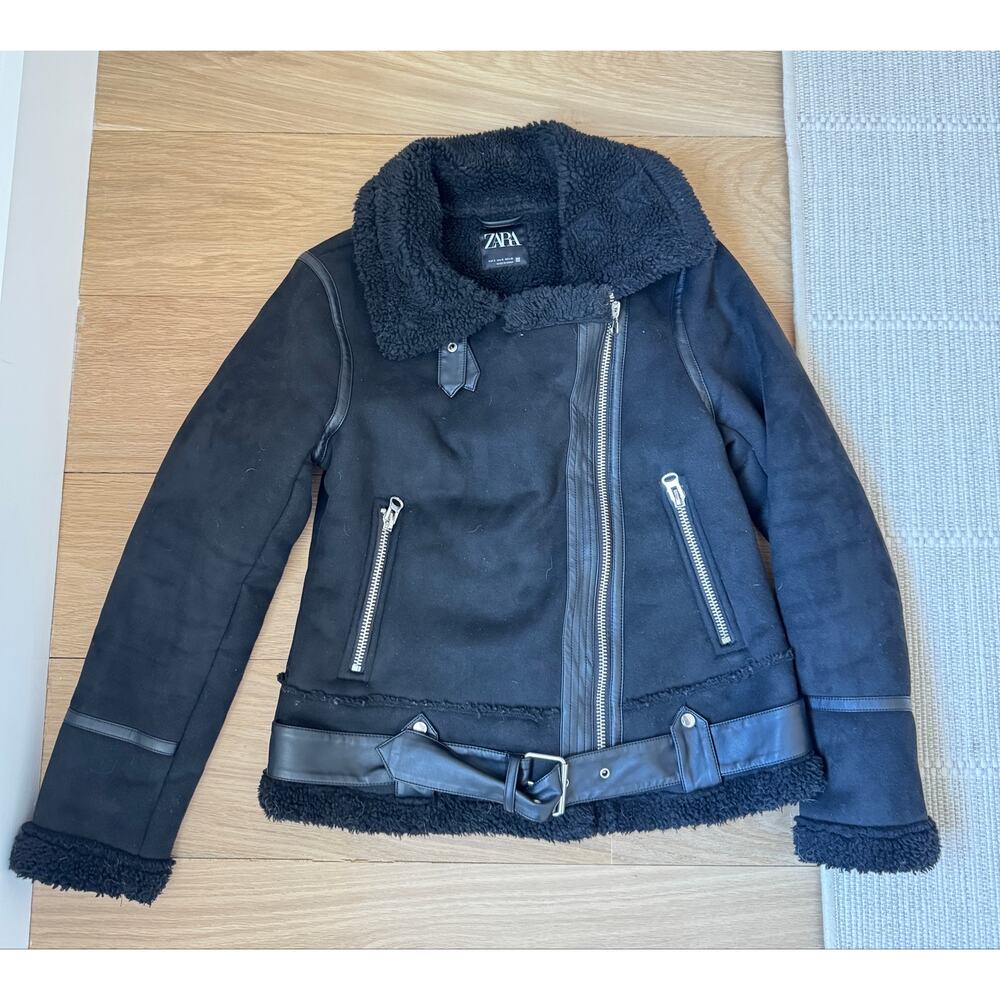Zara Black Shearling Faux Suede Moto Jacket Small